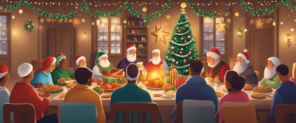 Ünnepi jelenet a világ különböző karácsonyi hagyományaival, beleértve a vallási és kulturális elemeket is.