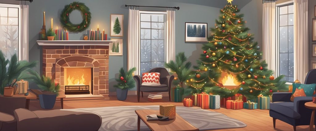 Egy hangulatos nappali pattogó kandallóval, egy gyönyörűen feldíszített karácsonyfával és egy halom népszerű ünnepi zenei albummal az asztalon.