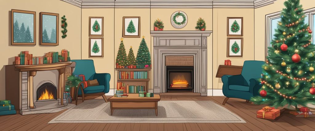 Egy hangulatos nappali pattogó kandallóval, egy gyönyörűen feldíszített karácsonyfával és egy halom ünnepi zenei CD-vel az asztalon.