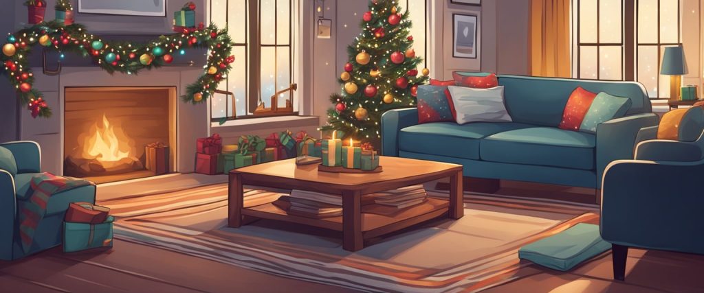 Ünnepi zenei lejátszási lista karácsonyi dekorációval és hangulatos légkörrel